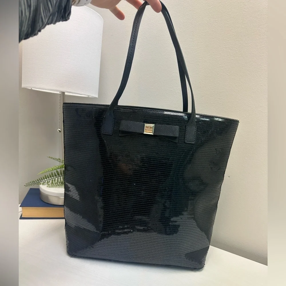 Kate Spade New York Black Sequin Salinas Bow Shopper Tote Handbag